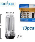 Detroit Axle 13-piece chrome lug nuts set with socket key, includes M14 x 1.5, 2-inch size for wheel installation.