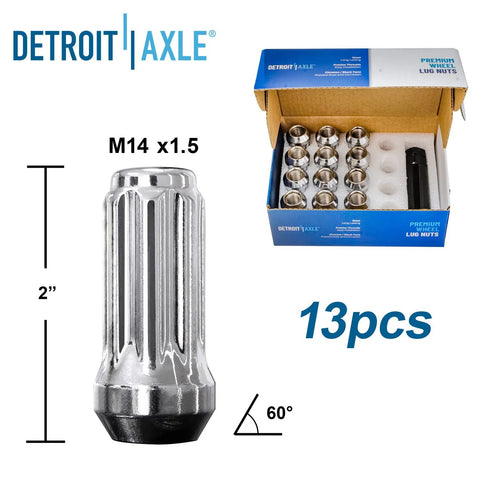 Detroit Axle 13-piece chrome lug nuts set with socket key, includes M14 x 1.5, 2-inch size for wheel installation.