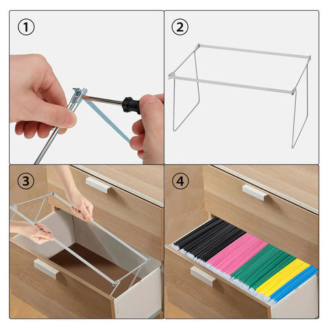 Installation steps for Heavy Duty Steel Hanging File Frames Two Pack Adjustable File Cabinet Rails with organized folders.