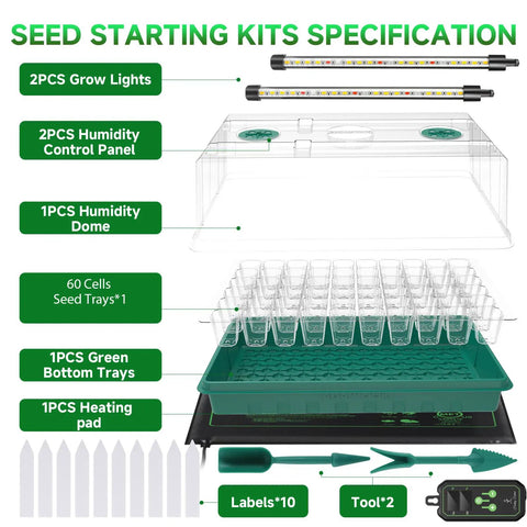 Diagram of All In One Indoor Seed Starter Kit With Grow Light And Heat Mat For Seed Germination showing components and features