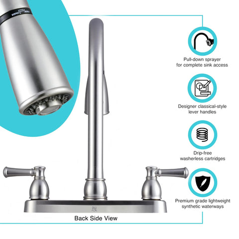 Back side view of Two Handle Pull Down Kitchen Sink Faucet With Sprayer And Stream Spray Toggle, hi-rise brass spout, satin nickel finish