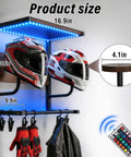 Badass Motorcycle Helmet Rack Wall Mount Featuring Remote Controlled RGB Ambient Light Strip For Grease Monkey Gear Storage With Solid Wood And Steel Build System, displaying two helmets, size 16.9in by 16.39in.