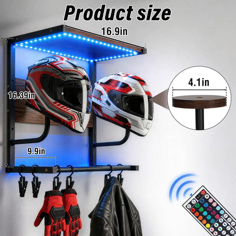 Badass Motorcycle Helmet Rack Wall Mount Featuring Remote Controlled RGB Ambient Light Strip For Grease Monkey Gear Storage With Solid Wood And Steel Build System, displaying two helmets, size 16.9in by 16.39in.