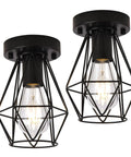 2-Pack Semi Flush Mount Ceiling Light Set In Industrial Black, Hollow Metal Cage Pendant Fixtures For Hallways, Kitchens, Porches And Bedrooms, Dimmable E26 Farmhouse Style Lamp With Modern Vintage Vibe