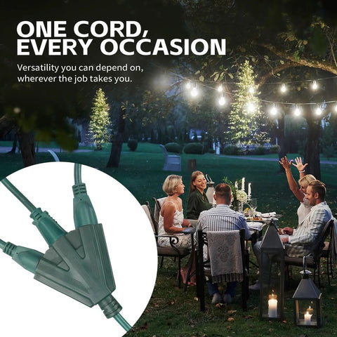 Heavy Duty Power Cord With Triple Tap Three Outlet Adapter, Sixteen Gauge SJTW Cables in outdoor setting with people dining
