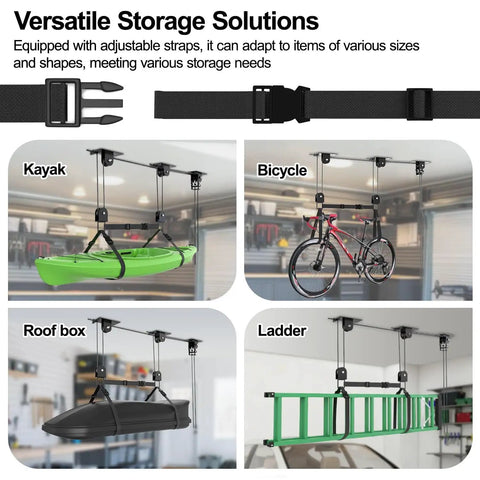Beefy Cargo Box Ceiling Hoist With 3 Pulleys, Heavy Duty Garage Lift System Holds Up To 150 Lbs lifting kayak, bike, roof box, ladder.