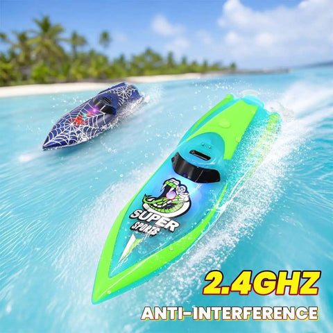 Mini Remote Control Boat With 2.4GHz Remote 360 Degree Rotation Bright LED Lights Built In Rechargeable Battery in action on water