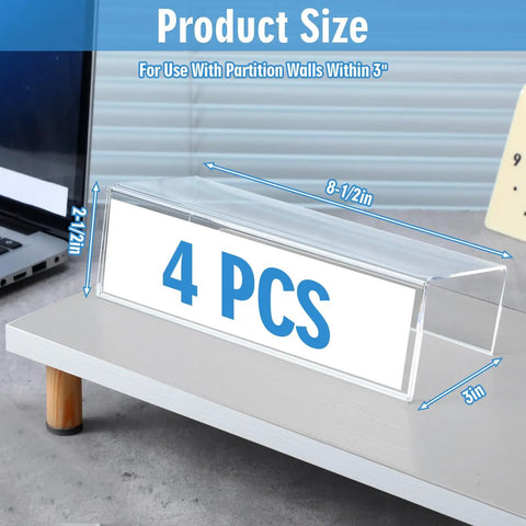 Clear Acrylic Cubicle Name Plate Holders Set Of Four 8.5 Inch Long By 2.5 Inch Wide Fits 3 Inch Cubicle Walls shown on desk