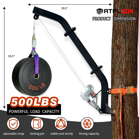 Beefy Tree Mounted Game Hoist With Winch And Ratchet Strap 500 Lbs Capacity Heavy Duty Deer Hanging System 26 Ft Steel Cable For Skinning And Field Dressing Quick Field Setup For Hunters, 500 lb load capacity