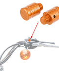 Universal M10x1.25 Motorcycle Right Side Mirror Hole Plugs Screws Aluminum Alloy Orange Caps 2 Pack shown installed on handlebar