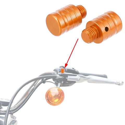 Universal M10x1.25 Motorcycle Right Side Mirror Hole Plugs Screws Aluminum Alloy Orange Caps 2 Pack shown installed on handlebar