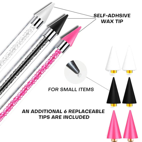 14 Piece Rhinestone Picker Kit Pro Grade with dual-head pens and wax tips for nail art, close-up of replaceable tips and pens