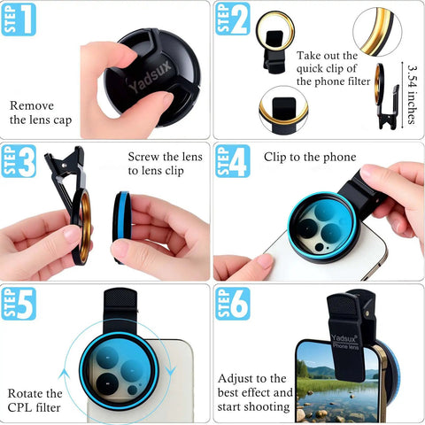 52mm Clip-On CPL Polarizing Filter For All Smartphones Universal Fit Eliminate Glare And Boost Clarity On iPhone Samsung Pixel Android HD Optical Glass Lens Filter Kit For Epic Outdoor Mobile Photography - Step-by-step guide on attaching filter to phone camera lens.