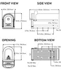 Rugged Post Mounted Mailbox In Rubbed Bronze Built To Last Heavy Duty Steel Construction Weatherproof Curbside Box With Magnetic Latch Rust Resistant For All Weather Outdoor Use dimensions diagram with front, side, opening, and bottom views detailed in inches and millimeters.