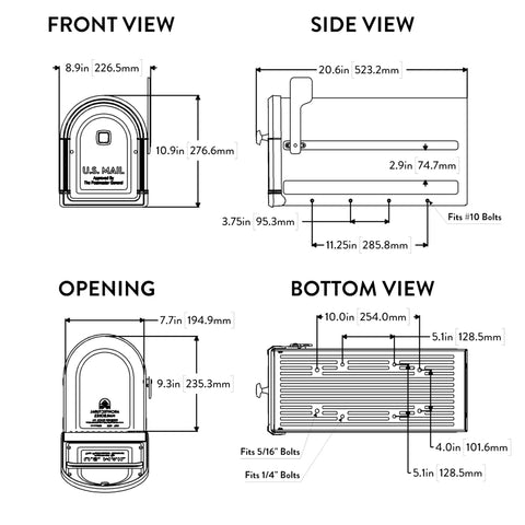 Rugged Post Mounted Mailbox In Rubbed Bronze Built To Last Heavy Duty Steel Construction Weatherproof Curbside Box With Magnetic Latch Rust Resistant For All Weather Outdoor Use dimensions diagram with front, side, opening, and bottom views detailed in inches and millimeters.