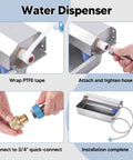 Top Tier Automatic Dog Water Dispenser 6 Liter gravity feeder installation steps with metal bowl and hose connections.