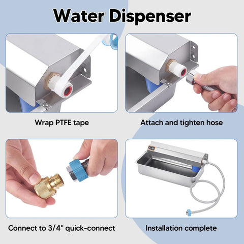 Top Tier Automatic Dog Water Dispenser 6 Liter gravity feeder installation steps with metal bowl and hose connections.