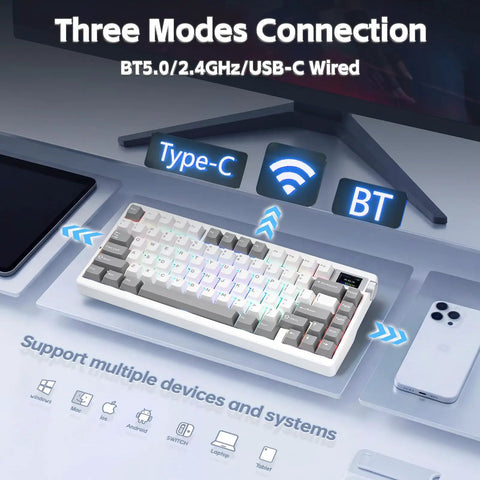 Tri Mode Wireless Mechanical Gaming Keyboard Hot Swap Linear Switches Bluetooth Two Point Four G And Usb C Eight Thousand Mah Battery Drip Layout with Type-C and wireless connections