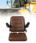 Kick Butt While You Work With This Built Tough Universal Tractor Seat Featuring Adjustable Backrests Foldable Armrests And Heavy Duty Foam For Forklifts Mowers Skid Steers displayed with brown artificial leather covering.