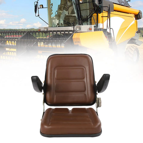 Kick Butt While You Work With This Built Tough Universal Tractor Seat Featuring Adjustable Backrests Foldable Armrests And Heavy Duty Foam For Forklifts Mowers Skid Steers displayed with brown artificial leather covering.
