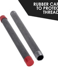 Two Black Steel Plumbing Pipe 3/4 Inch By 18 Inch Pre Cut with red rubber caps, ideal for Industrial DIY Furniture Projects, threaded ends.