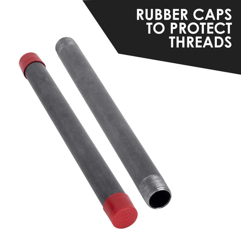 Two Black Steel Plumbing Pipe 3/4 Inch By 18 Inch Pre Cut with red rubber caps, ideal for Industrial DIY Furniture Projects, threaded ends.