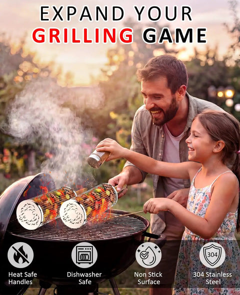 Father and daughter using Rolling Grill Basket Set For Dad And Grill Masters, Removable Wooden Handle, 304 Stainless Steel for vegetables