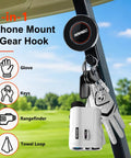 2-in-1 Phone Mount + Gear Hook shows a golf cart phone mount with glove, keys, and rangefinder for convenience on the course.