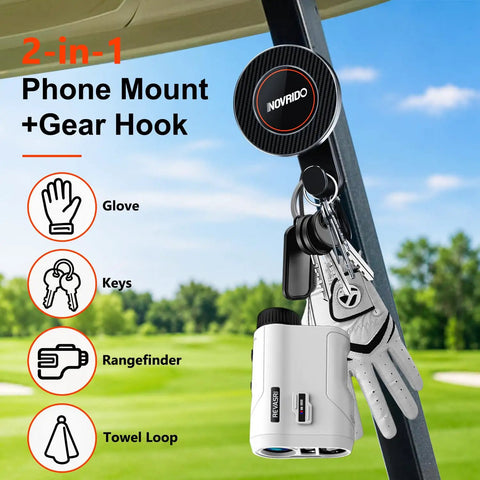 2-in-1 Phone Mount + Gear Hook shows a golf cart phone mount with glove, keys, and rangefinder for convenience on the course.