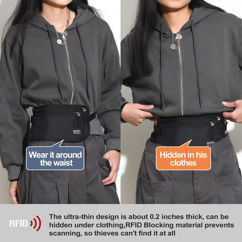 Hidden Travel Money Belt Wallet With RFID Blocking Slim Passport Holder Fanny Pack worn around waist and under clothes