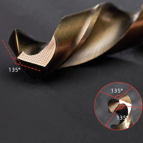 Close-up of Heavy Duty Cobalt Drill Bits Kit Ten Piece M35 Jobber Length with 135° split point and precision-ground edges.