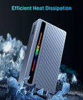 Blazing Fast M.2 NVMe SSD Enclosure With Slick RGB Design, showcasing efficient heat dissipation with a stylish grey body.