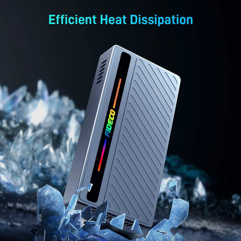 Blazing Fast M.2 NVMe SSD Enclosure With Slick RGB Design, showcasing efficient heat dissipation with a stylish grey body.