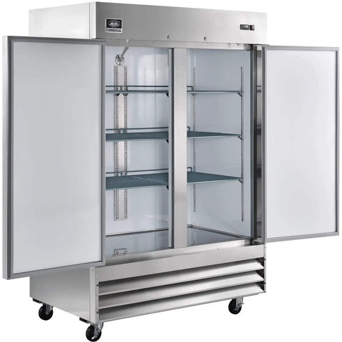 Real Deal Heavy Duty Two Door Reach In Freezer 47 Cubic Feet Capacity Built Tough Stainless Steel Body with open doors and shelves.