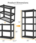 Beefy Heavy Duty Five Tier Steel Storage Shelving Unit With 600 Lb Per Shelf Capacity, Built For Garage And Warehouse Use, 72 Inch High, 35 Inch Wide, 16 Inch Deep, Industrial Metal Shelves Built To Last, shown as 72 x 35 x 15.7 in dimensions and split into 36 in units