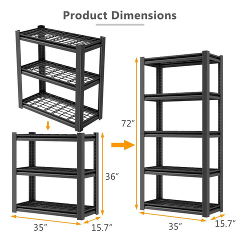 Beefy Heavy Duty Five Tier Steel Storage Shelving Unit With 600 Lb Per Shelf Capacity, Built For Garage And Warehouse Use, 72 Inch High, 35 Inch Wide, 16 Inch Deep, Industrial Metal Shelves Built To Last, shown as 72 x 35 x 15.7 in dimensions and split into 36 in units