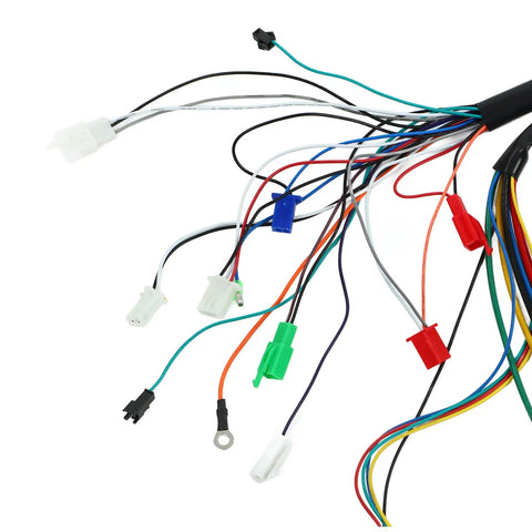 Wiring harness for Rugged Rock Solid 1500W Brushless Motor Controller with multiple connectors for 48V or 60V E Bikes.