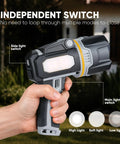 Rechargeable Spotlight 2,000,000 Lumens Beast Bright With 9 LED Plus COB Light handheld with side and main light switches visible.