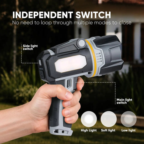 Rechargeable Spotlight 2,000,000 Lumens Beast Bright With 9 LED Plus COB Light handheld with side and main light switches visible.
