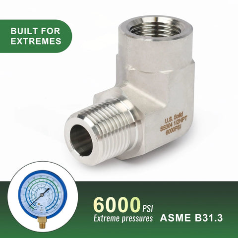 Side view of U.S. Solid 304 stainless steel 90-degree street elbow, 1/2 NPT, male and female threads.