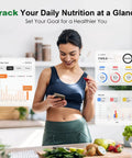 Woman using Smart Kitchen Scale With Nutritional Calculator And Macro Tracking App in a kitchen with healthy food