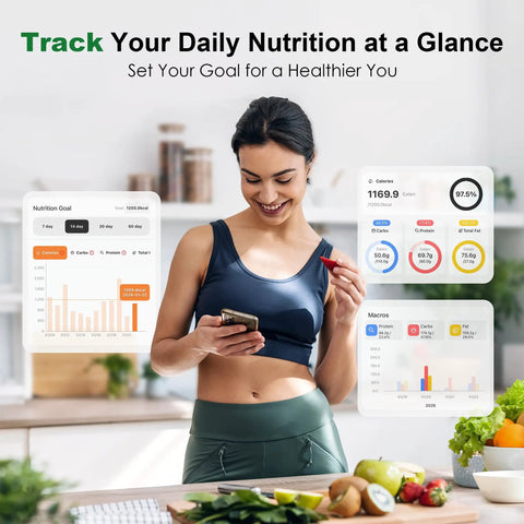 Woman using Smart Kitchen Scale With Nutritional Calculator And Macro Tracking App in a kitchen with healthy food