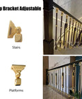 Built Tough Adjustable Stair Railing Spindles And Deck Balusters Made From Wrought Iron With Rust Proof Coating Great For Interior Steps Exterior Landings Featuring Flexible Mounting Brackets And Crisp Black Gold Modern Columns 10 Pack, showcasing gold adjustable brackets for stairs and platforms.