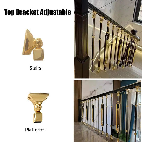 Built Tough Adjustable Stair Railing Spindles And Deck Balusters Made From Wrought Iron With Rust Proof Coating Great For Interior Steps Exterior Landings Featuring Flexible Mounting Brackets And Crisp Black Gold Modern Columns 10 Pack, showcasing gold adjustable brackets for stairs and platforms.
