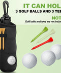 Golf Ball Holder And Tee Pouch Belt Clip Set 4 Pack Compact Ball Carrier For Golfers On The Go Lightweight Black Tee Bag With Keychain Holds 3 Balls Securely Ideal Gift For Rounds And Travel with tees and golf balls displayed
