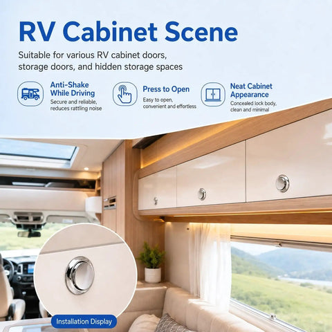 Premium Zinc Alloy Push Button Cabinet Latches For Rv Cupboard And Van Storage 5 Pack shown in modern RV cabinet scene.