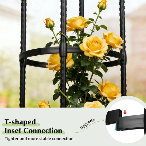 Garden Trellis Obelisk For Climbing Plants Outdoor 6.2 Ft Plant Support featuring yellow roses and T-shaped connection.