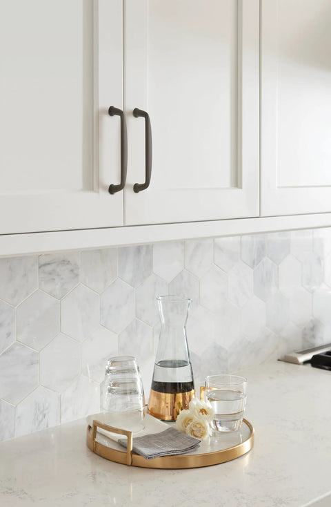 Kane Black Bronze Cabinet Pull Transitional Style Drawer Handle for Cabinets and Furniture installed on kitchen cabinet doors