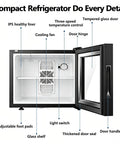 Interior view of 30 Liters Upright Freezer With Door Lock Compact Single Door Design showing cooling features and glass shelf.