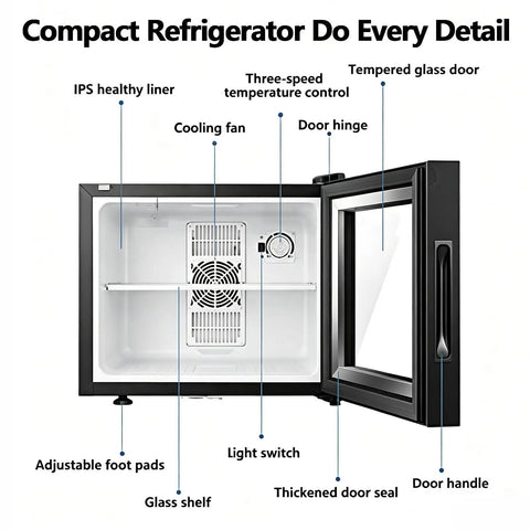Interior view of 30 Liters Upright Freezer With Door Lock Compact Single Door Design showing cooling features and glass shelf.